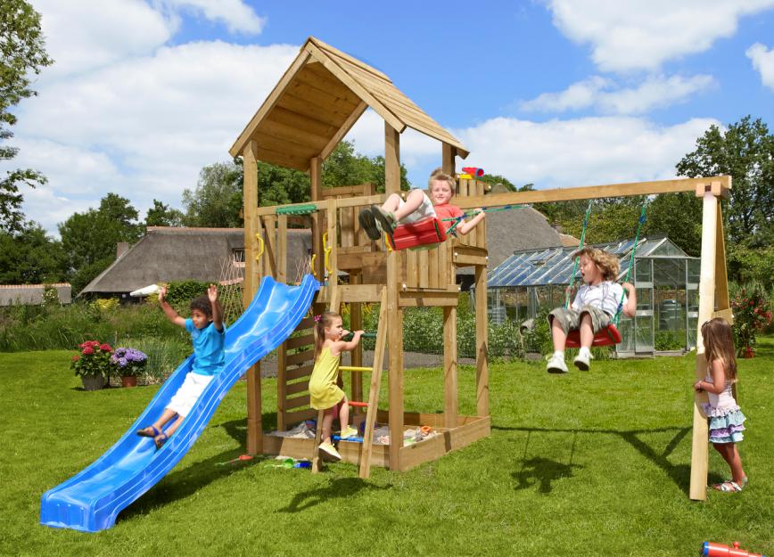 Legetårn Palace 2.1, inkl. 2-Swing Modul 220, 120 kg sand, blå rutschebane